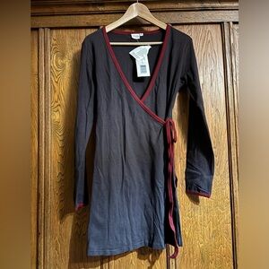 JOY ORGANIC dark brown & red cotton tunic top wrap dress. Long sleeve. Small.